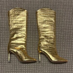 Schutz Maryana Gold Crocodile-Embossed Women's Boots sz 8.5 NWOB